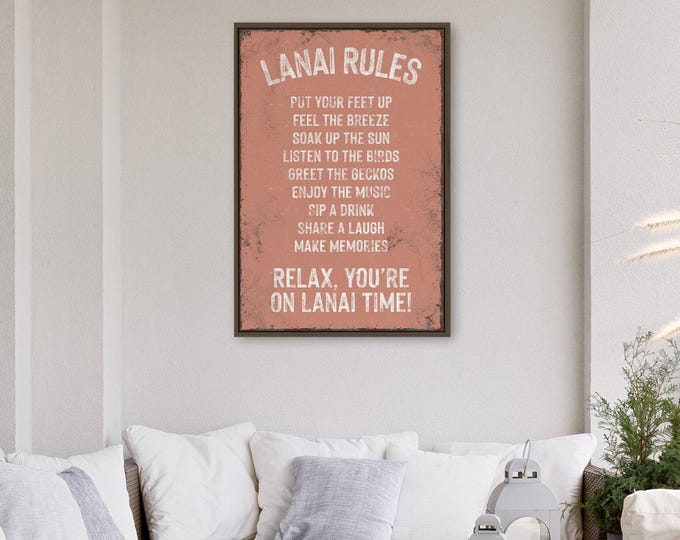 Lanai Rules, Dusty Coral Pink Weathered Sign Wall Art, Poolside Housewarming Gift