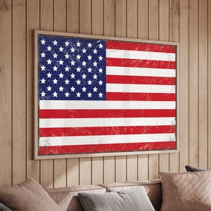 Vintage American Flag Wall Art - Rustic Wood Sign with Faux Rust Texture