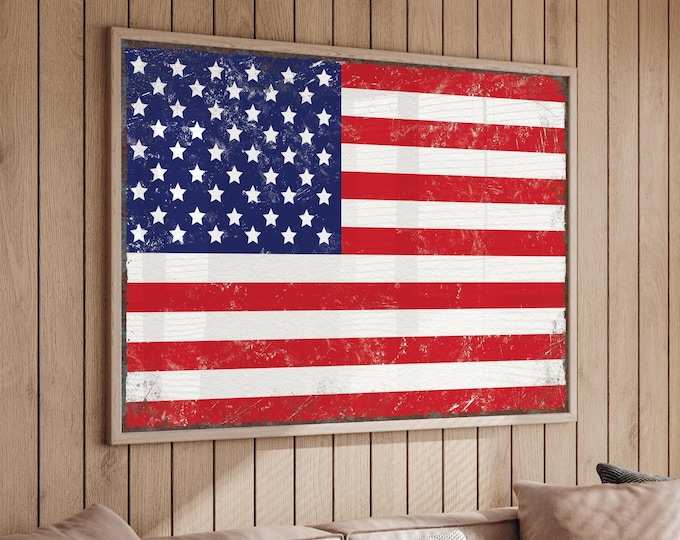 Vintage American Flag Wall Art - Rustic Wood Sign with Faux Rust Texture