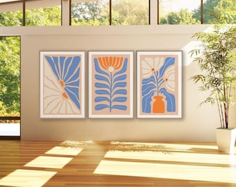 Art Print Above Bed, Modern Farmhouse Floral Triptych Wall Art, Soft Neutral Decor