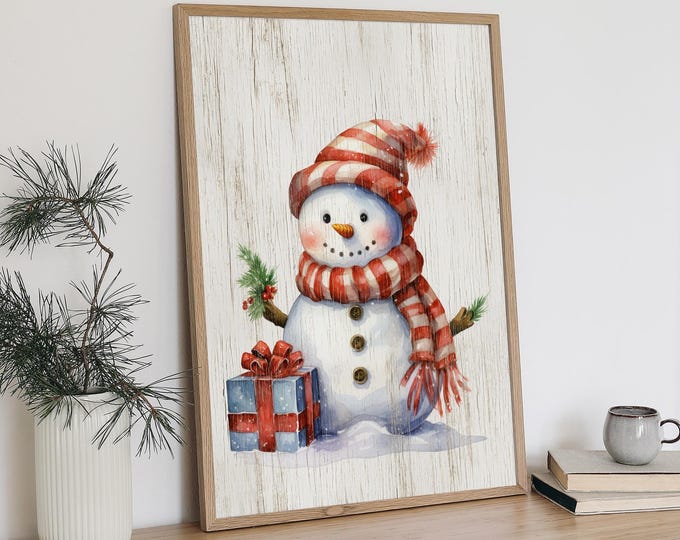 Whimsical Snowman Wall Art for a Vintage Winter Decor Theme, Authentic Distressed and Aged Look, Part of Snowman Family Collection • 219C