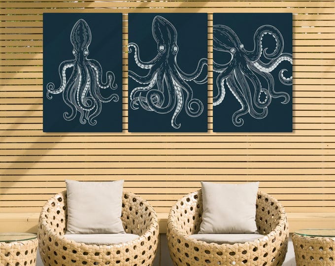 Framed Triptych Set, Octopus Set Of 3, Art For Above Bed, Large Coastal Wall Decor, Nautical Cephalopod Design, Vintage Indigo Smoke
