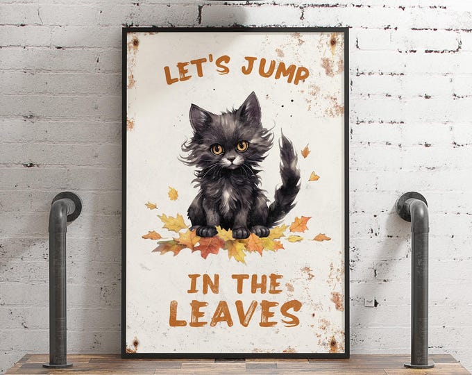Halloween Wall Art: Playful Black Cat and Leaves (Framed or Unframed)