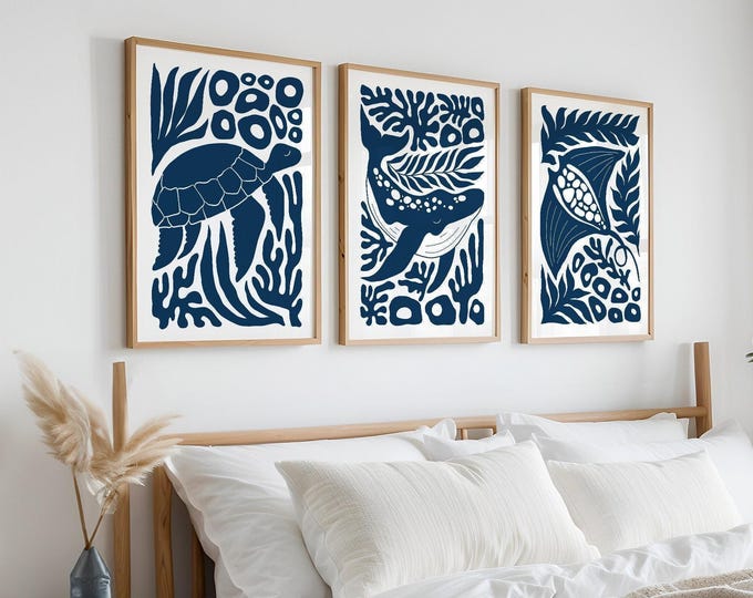 Sea Life Triptych Wall Art, Navy Block Print Ocean Turtle Whale Stingray, Coastal Decor