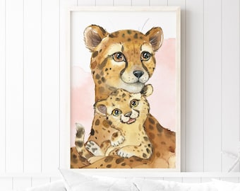 Baby Shower Gift, Mommy and Baby Cheetah Watercolor Print, Soft Tan Nursery Art