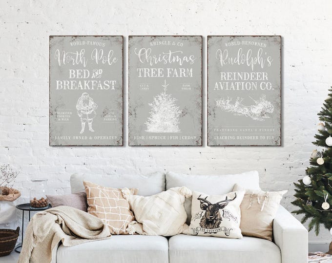 Vintage Christmas Triptych Wall Art, Tree Farm & Reindeer (3 Panels)