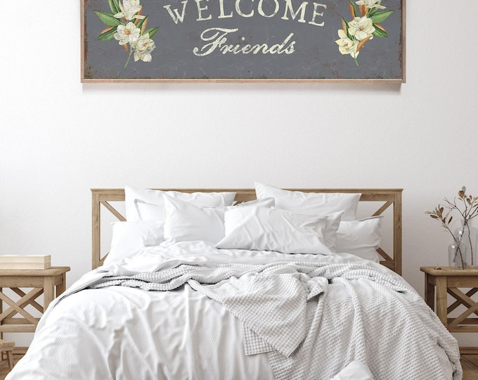 Slate Gray Welcome Sign: Floral Vintage Style Porch Decor