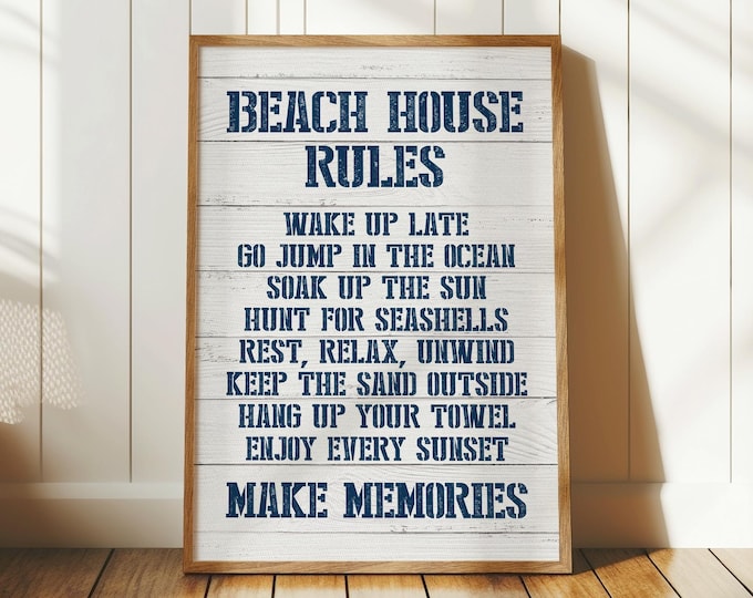 BEACH HOUSE RULES sign, Navy on Faux White Wood Planks, Nautical Canvas for Beach House Decor, Oversized Ready to Hang Coastal Art Print
