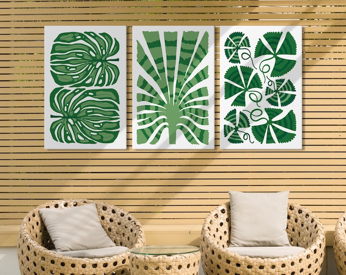 Tropical Blocks Triptych, Lush Tropical Leaf Wall Art, Green Jungle Canvas Print Set, Abstract Greenery Leafy Wall Art, 3 Piece Set • 404