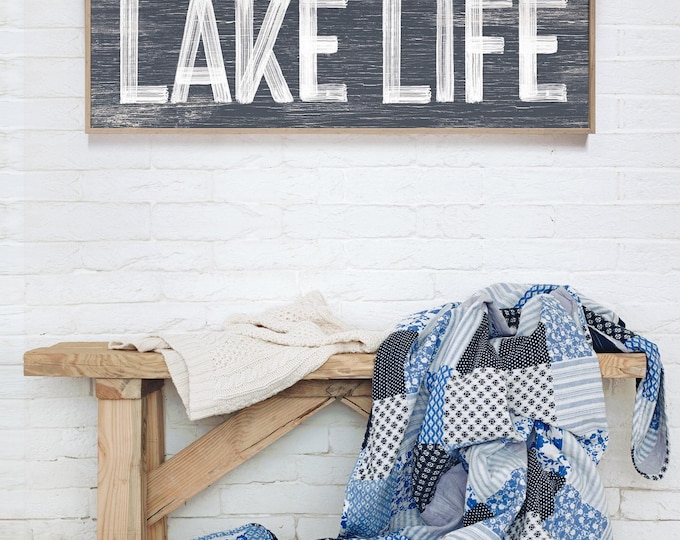 Lake Life Signs, Lake House Decor, Driftwood Wall Art, Faux Weathered Wood Plaque, Vintage Farmhouse Style, Long Horizontal Wall Hanging