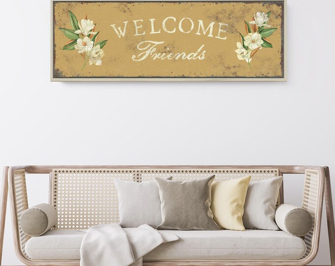 Vintage Saffron Yellow Magnolia Welcome Canvas • Modern Mustard WELCOME FRIENDS Wall Art • Retro Flower Spring Decor Farmhouse Sign