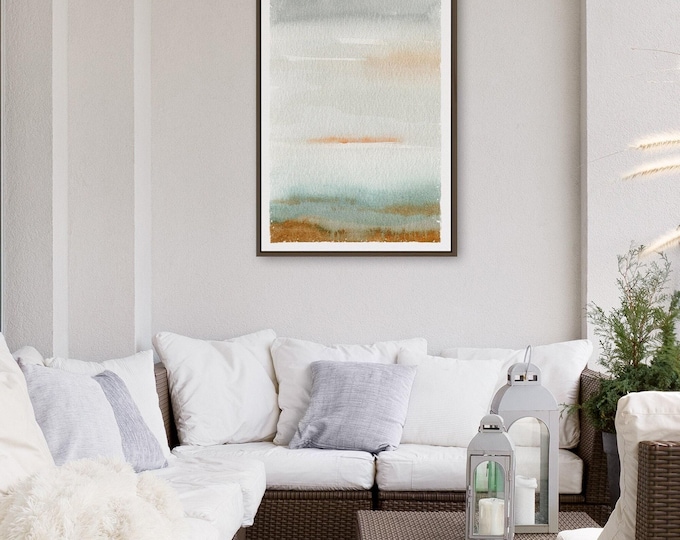 Sage Beach Art, Earthy Watercolor Landscape Print, Boho Coastal Canvas in Grey and Terracotta