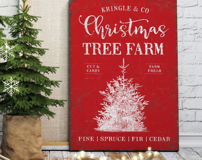 White Tree Sign, Kringle and Co Christmas Tree Farm with a Snowy Engraved Pine on Crimson