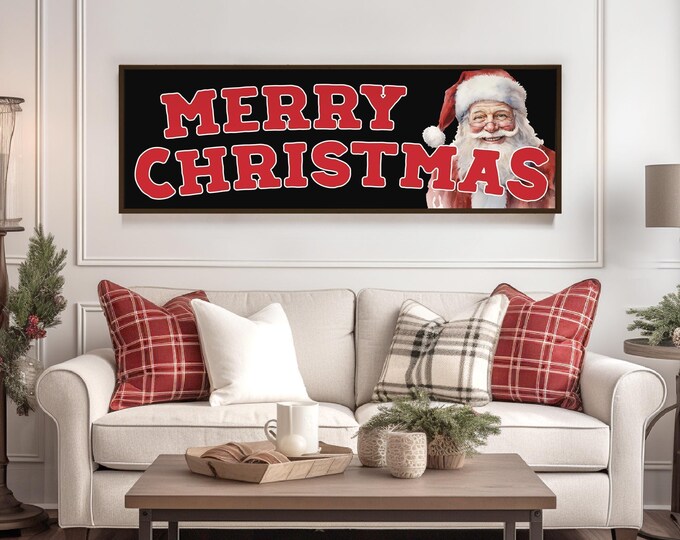 Merry Christmas Santa Holiday Poster in Black, Barn Red, and Cream White