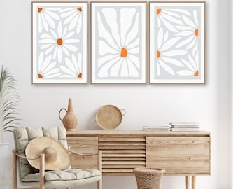 Abstract Flower Art, Matisse Style White Floral Triptych In Gray Green And Rust
