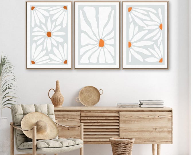 Abstract Flower Art, Matisse Style White Floral Triptych In Gray Green And Rust
