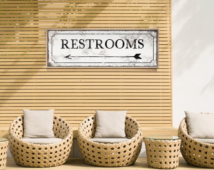 Restrooms Sign, Rustic White And Cream, Black Arrow Pointing Left, Directional Bath Art