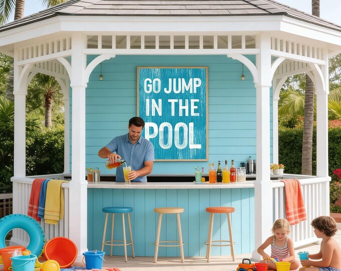 Go Jump In The Pool Sign, White On Duck Blue Aqua, Cabana Bar Deck Decor