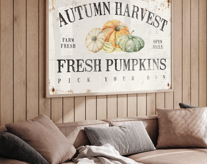 Rustic Fall Art, Fresh Pumpkins Sign, Cream and Charcoal Wall Decor