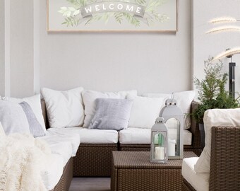 Botanical Sign, White Welcome Lettering on Greige with Sage Foliage