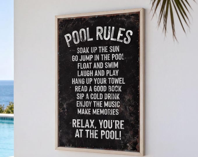 Pool Rules Sign, Retro Black Poolside Wall Art, Vintage Outdoor Patio Decor