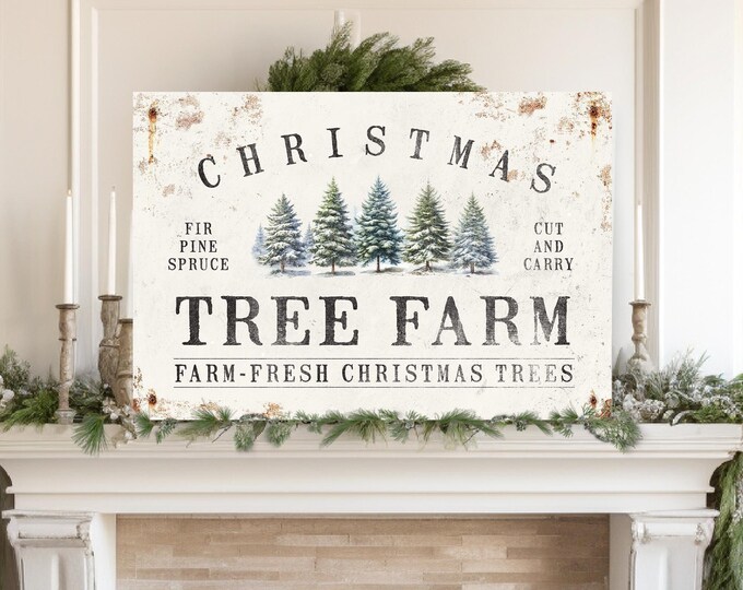 Christmas Tree Print in Forest Green on Distressed Cream
