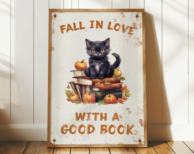 Cozy Fall Cat Wall Sign: Halloween Decor for Book Lovers