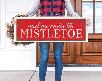 Mistletoe Wall Sign, Under the Mistletoe Doorway Art in Vintage White on Barn Red