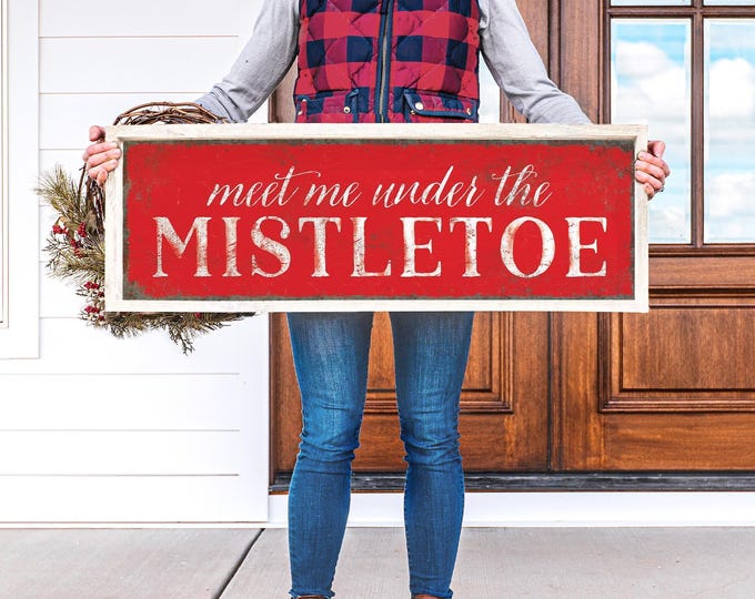 Mistletoe Wall Sign, Under the Mistletoe Doorway Art in Vintage White on Barn Red