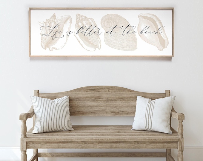 Natural Coastal Wall Art, Beige Life is Better at the Beach Sign, Hale & Tan Shells, Large Nautical Canvas Print for Beach House Decor {112}