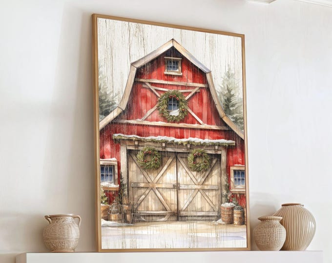 Red Barn Wall Art, Rustic Forest Christmas (Canvas or Aluminum)