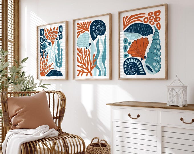 Rust Orange Art Triptych, Abstract Ocean Shell and Coral Print Set, Navy Coastal Decor