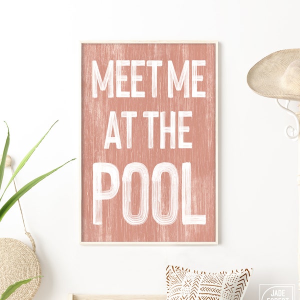 Coral Meet Me at the Pool Sign, Vintage Style Pool Print for Modern Farmhouse Decor, Indoor Outdoor Lanai Decor, Gift for Pool Owner