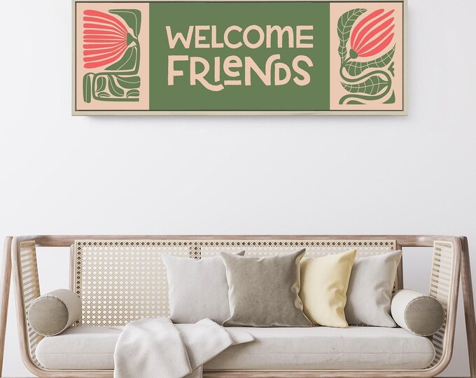 Boho Abstract Flower Wall Art • Retro Floral WELCOME FRIENDS Sign • Modern Spring Decor, Grass Green, Vibrant Coral Tones