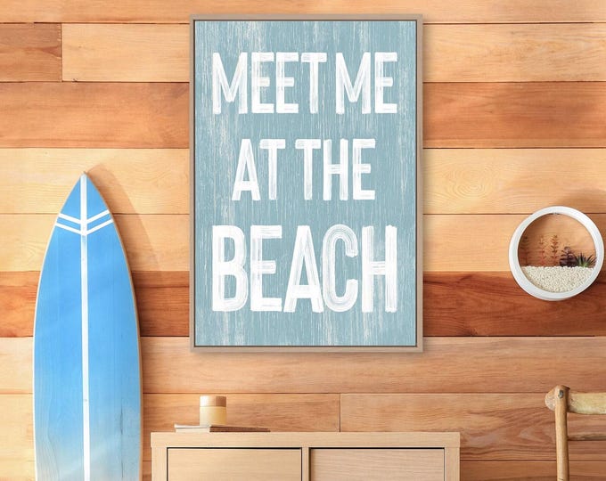 Meet Me At The Beach Sign, Tide Blue Retro, Vintage Beach Decor, Canvas Wall Art, Vacation Rental Gift, Rustic Frame Print