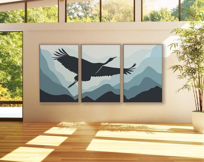 Mountain Sky Crane Wall Art, Blue Ombre Triptych Panels, Mountain Decor