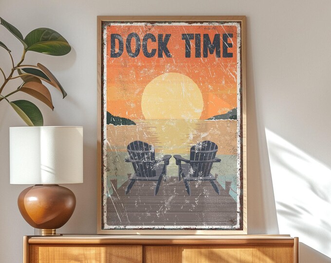 Dock Time, Navy Adirondack Chairs Sign, Orange Teal Sunset Lake House Wall Art