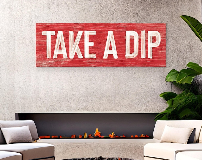 Take a Dip Wall Art, Red Hand Painted Wood Style, Rustic Pool Decor
