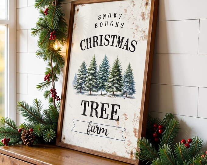 Green Trees Sign, Snowy Watercolor Evergreen Row on Distressed Cream