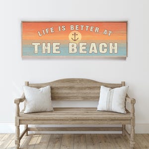 Cartello "La vita è migliore in spiaggia", decorazione colorata e retrò per la casa sulla spiaggia, cartello vintage con tramonto e ancora, cartello in tela con cornice lunga o larga.