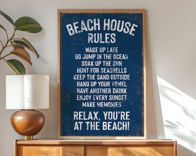 retro BEACH HOUSE RULES sign in navy blue sign, rustic beach house decor, distressed beach house gift, summer rental decor