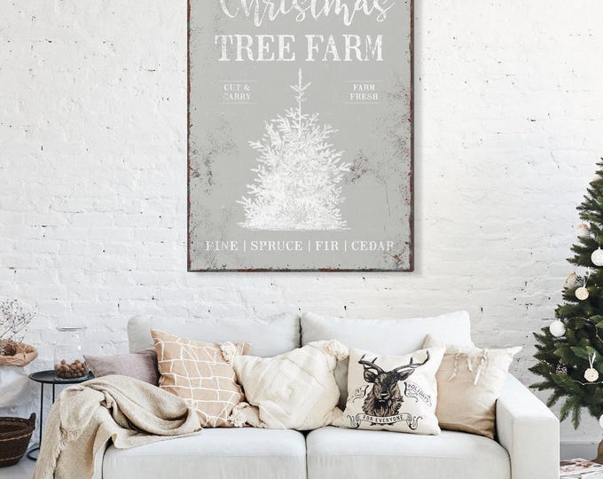 Farm Fresh Christmas, Kringle and Co Tree Farm Sign with a Snowy Pine on Pale Sage Grey