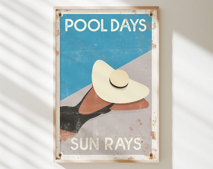 Pool Days Sun Rays, Vintage Travel Poster Sunbather In Cream Hat, Retro Wall Art Gift