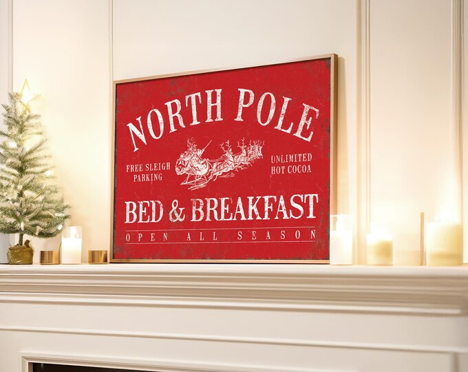 Retro Santa Artwork, Unlimited Hot Cocoa North Pole Sign, Barn Red Cream Reindeer