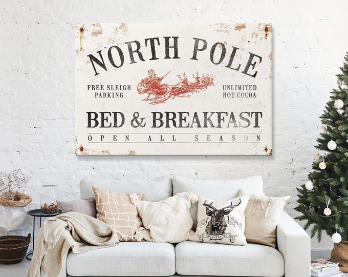 Sleigh Sign Decor, North Pole Bed and Breakfast with Hot Cocoa on Weathered Cream