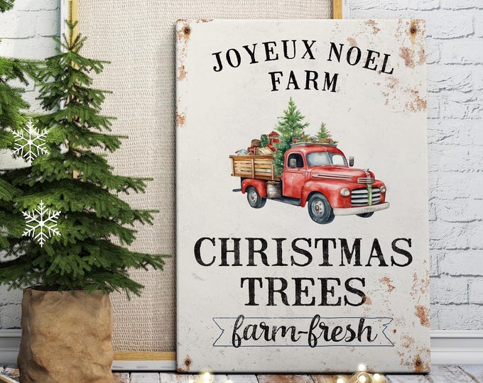 Joyeux Noel Sign, Farm Christmas Trees with a Vintage Red Truck Hauling a Tree on Cream