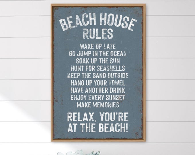 Beach House Rules Sign, Vintage Farmhouse, Harbor Blue Coastal Wall Decor