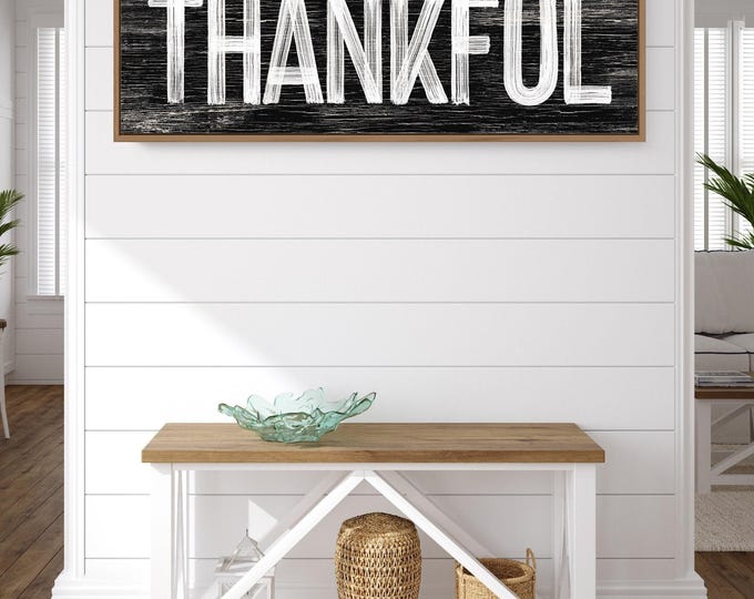Autumn Wall Decor, Thanksgiving Sign, Farmhouse Fall Decor, Thankful Faux Wood Plaque, Seasonal Harvest Art, Long Horizontal Wall Hanging
