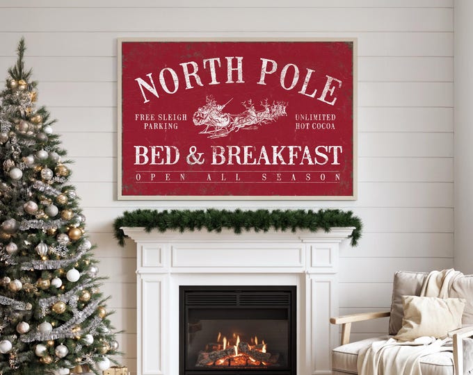 North Pole Christmas Sign: Rustic Canvas Art - Multiple Size Options