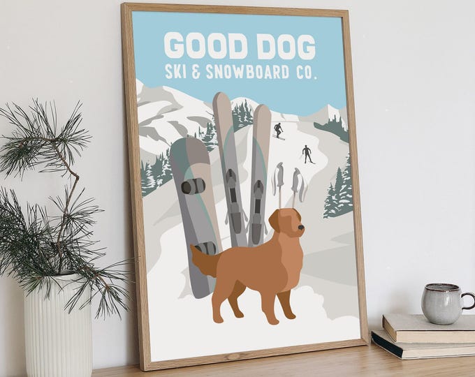 Snowboard Sign, Good Dog Ski and Snowboard Co Golden Retriever Poster, Pale Blue Lodge Art